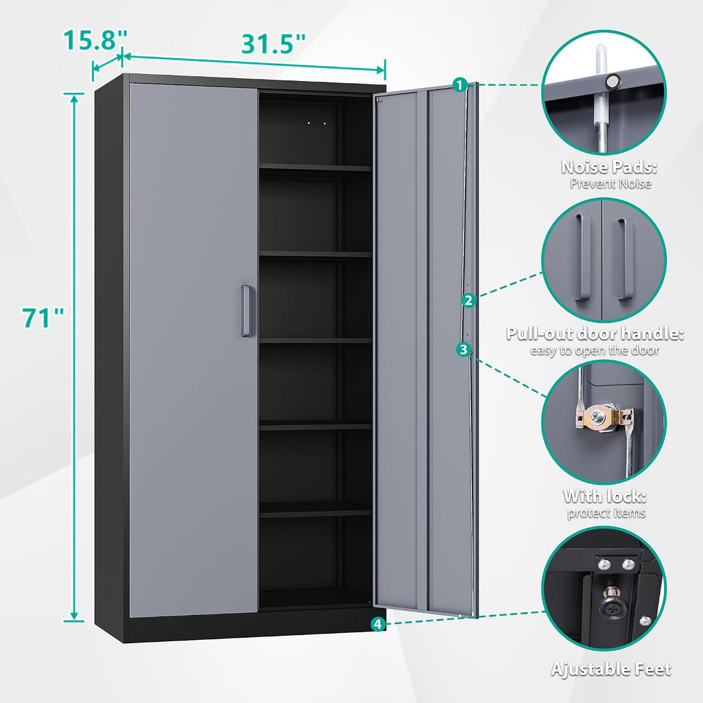 SISESOL Metal Storage Cabinet with 5 Adjustable Shelves,Garage Storage Cabinet with Lock,Metal Cabinets with Locking Doors,71' Lockable Tool Cabinets for Home,Office,Shop,Garage