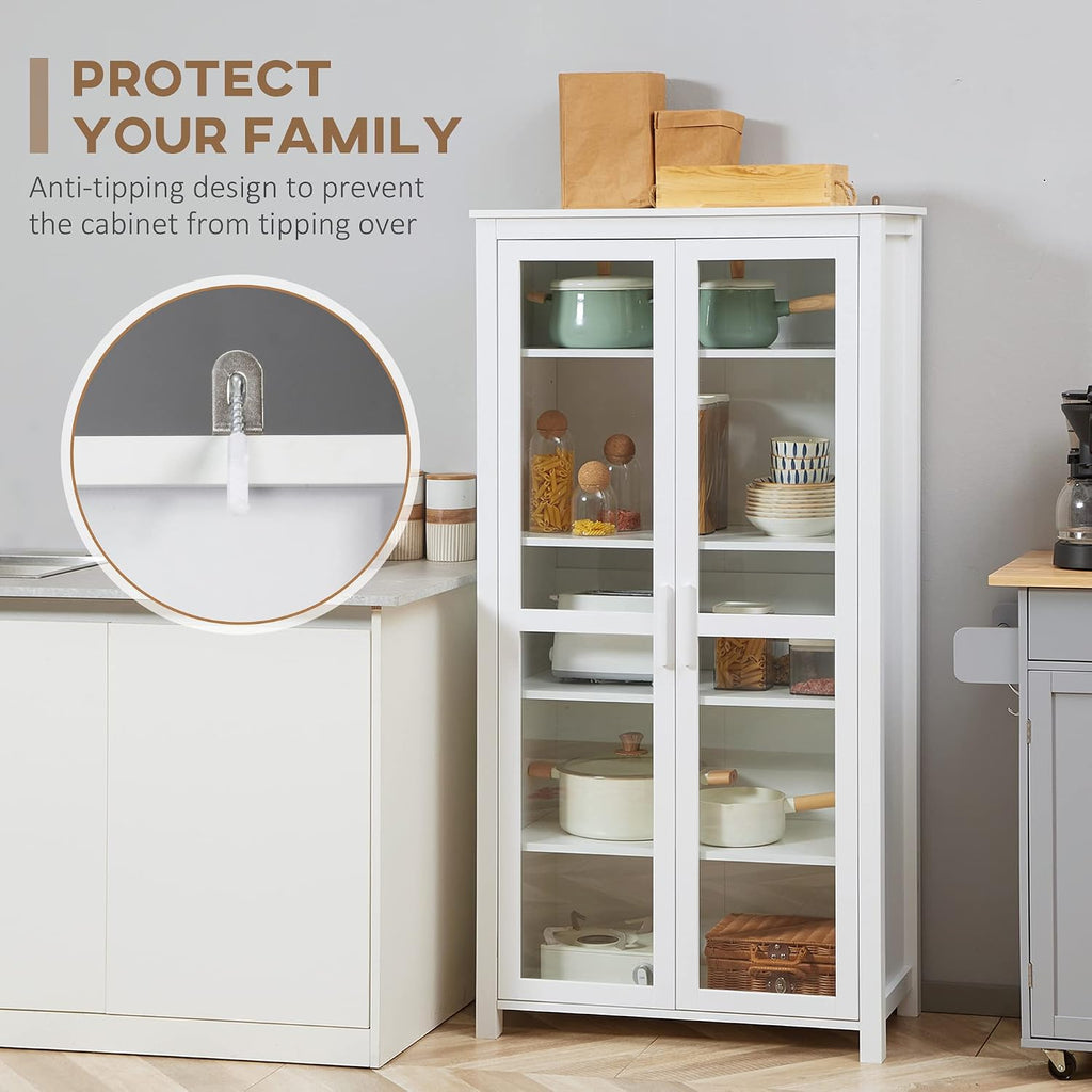 HOMCOM 63' Kitchen Pantry Cabinet, Freestanding Storage Cabinet, Display Cabinet with 2 Glass Door and 2 Adjustable Shelves for Dining Room, White