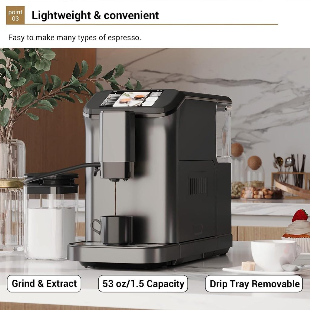 Espresso Machine, Built-in Grinder Coffee Maker with TFT Color Screen, Automatic Milk Frother Coffee Machine, 20 Bar Pump + 15 Grind Settings, 1.5L Water Tank + Auto Rinse, 120V 1350W, Star Gray