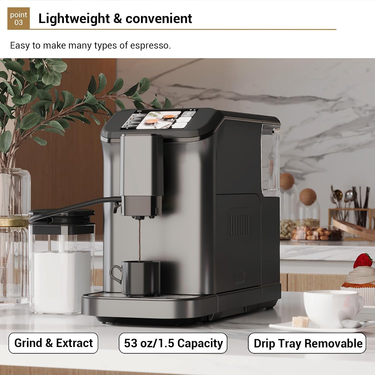 Espresso Machine, Built-in Grinder Coffee Maker with TFT Color Screen, Automatic Milk Frother Coffee Machine, 20 Bar Pump + 15 Grind Settings, 1.5L Water Tank + Auto Rinse, 120V 1350W, Star Gray