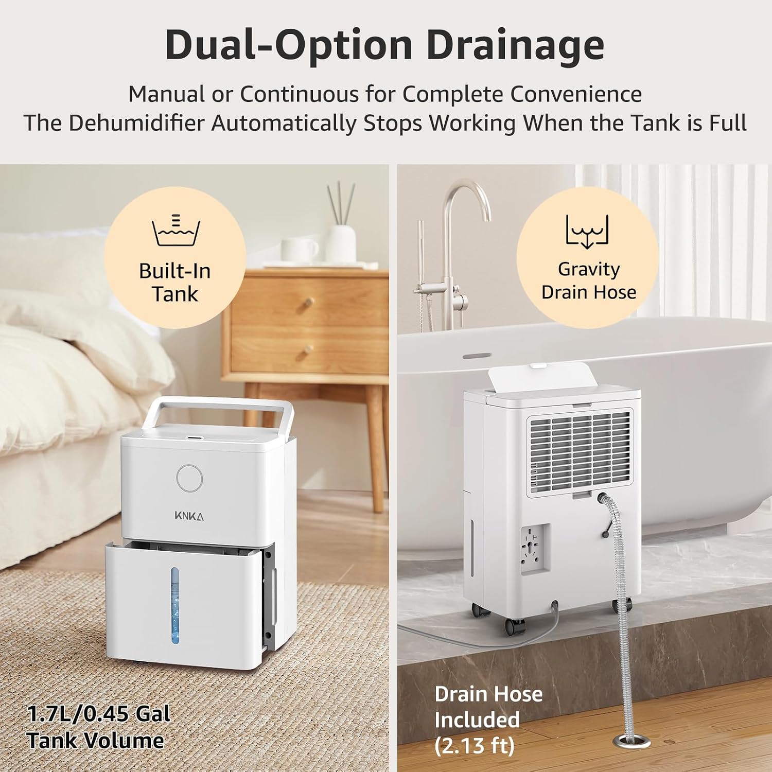 KNKA 1600 sq.ft Dehumidifier for Basement, 21 Pint Dehumidifiers for Home with Drain Hose, Continuous Drainage, Washable Filter, Intelligent Humidistat for Bedroom, Bathroom, Large Room