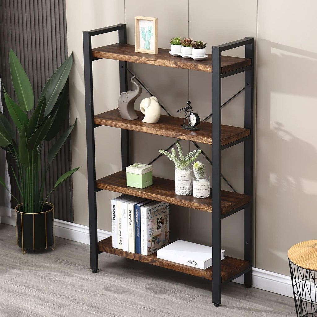 WH-AOERPUMY Solid Wood Bookshelf,4 Tier Rustic Vintage Industrial Etagere Bookcase, Open Metal and Wood Vintage Book Shelf, Retro Brown (RealWood)(4-Tier)