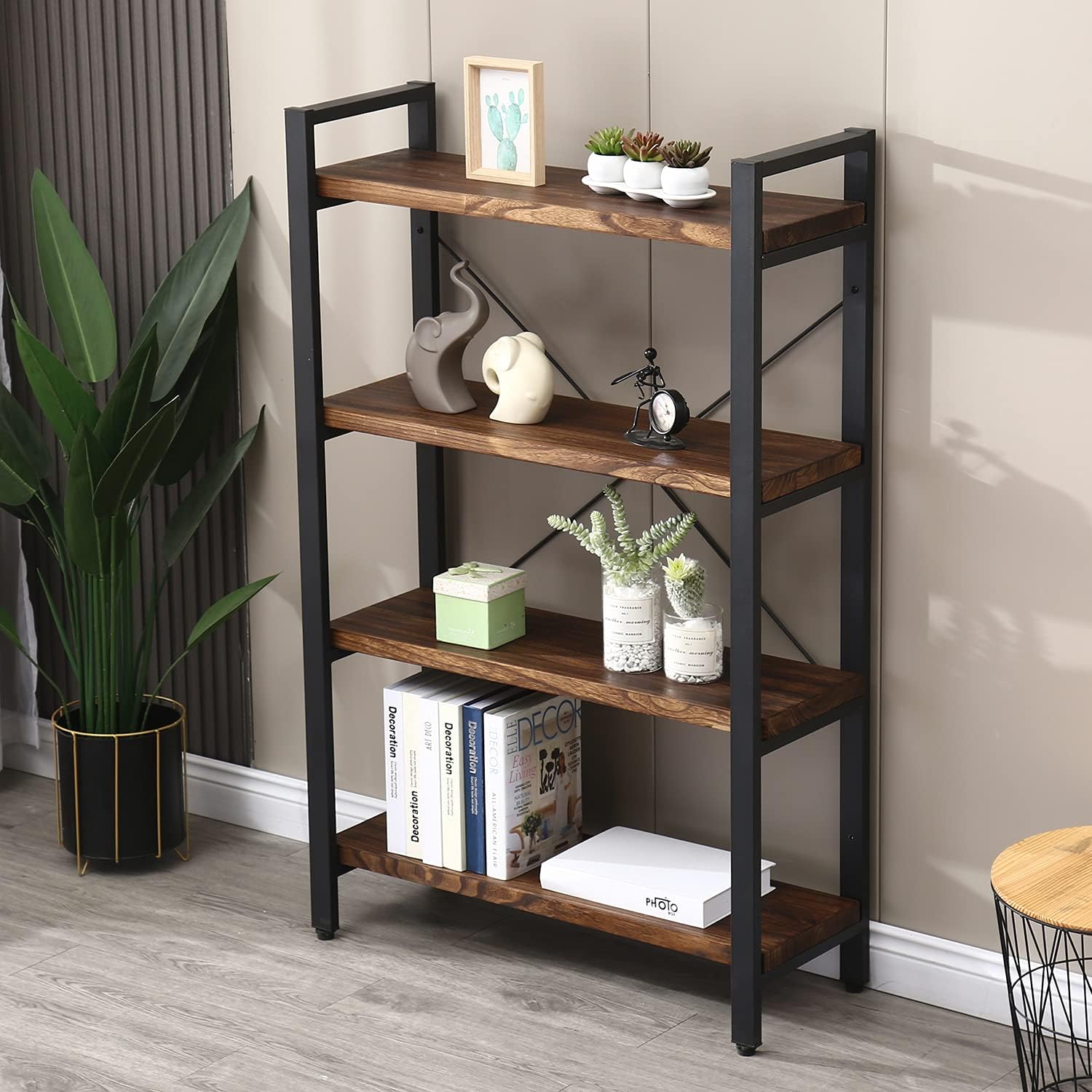 WH-AOERPUMY Solid Wood Bookshelf,4 Tier Rustic Vintage Industrial Etagere Bookcase, Open Metal and Wood Vintage Book Shelf, Retro Brown (RealWood)(4-Tier)