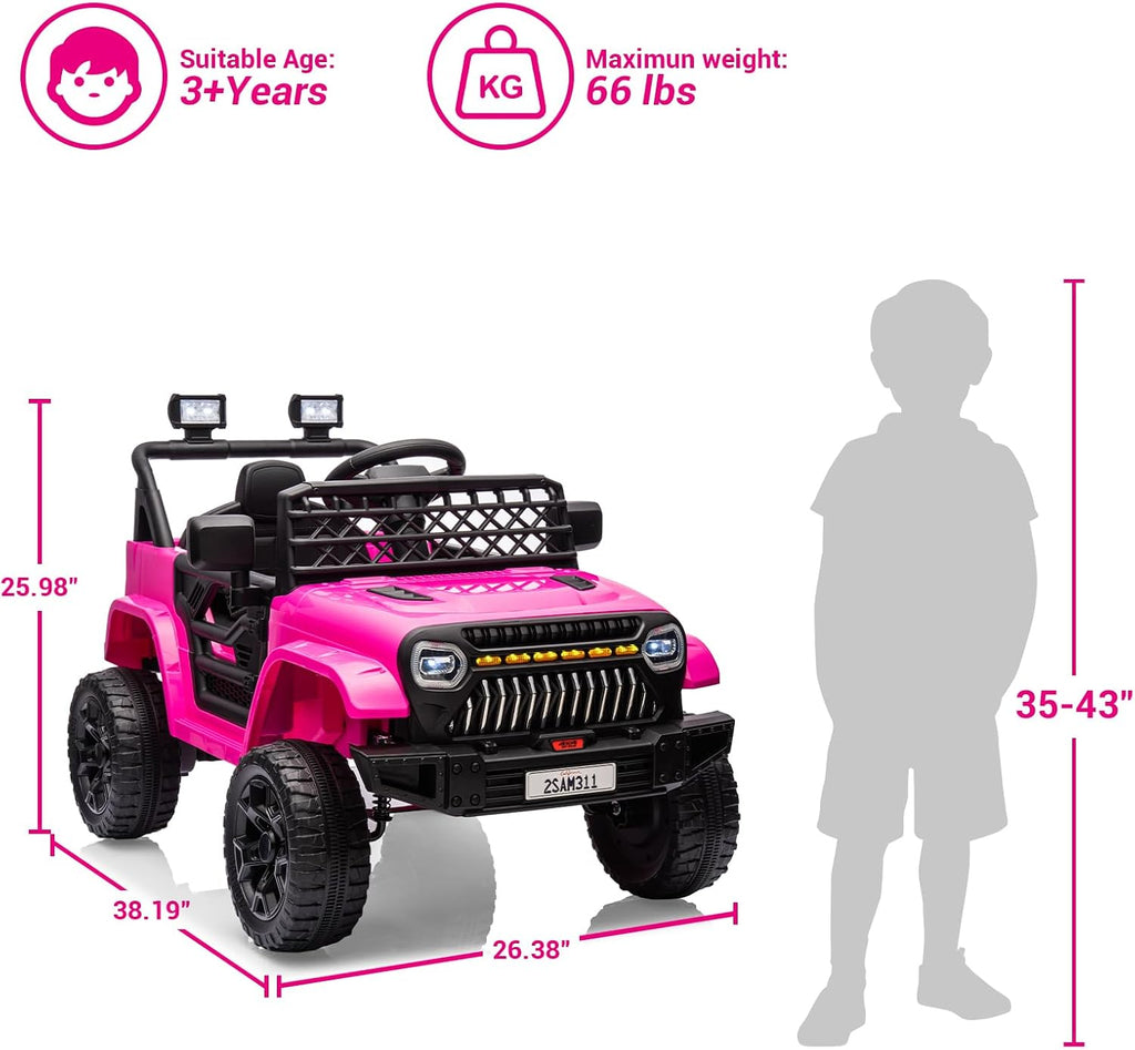 12V Ride On Car for Kids Electric Vehicle Toddlers Battery Powered Truck Car Toy with Remote Control, 4-Wheel Suspension, Battery Display, LED Lights, Music, for Boys Girls, Rose Red