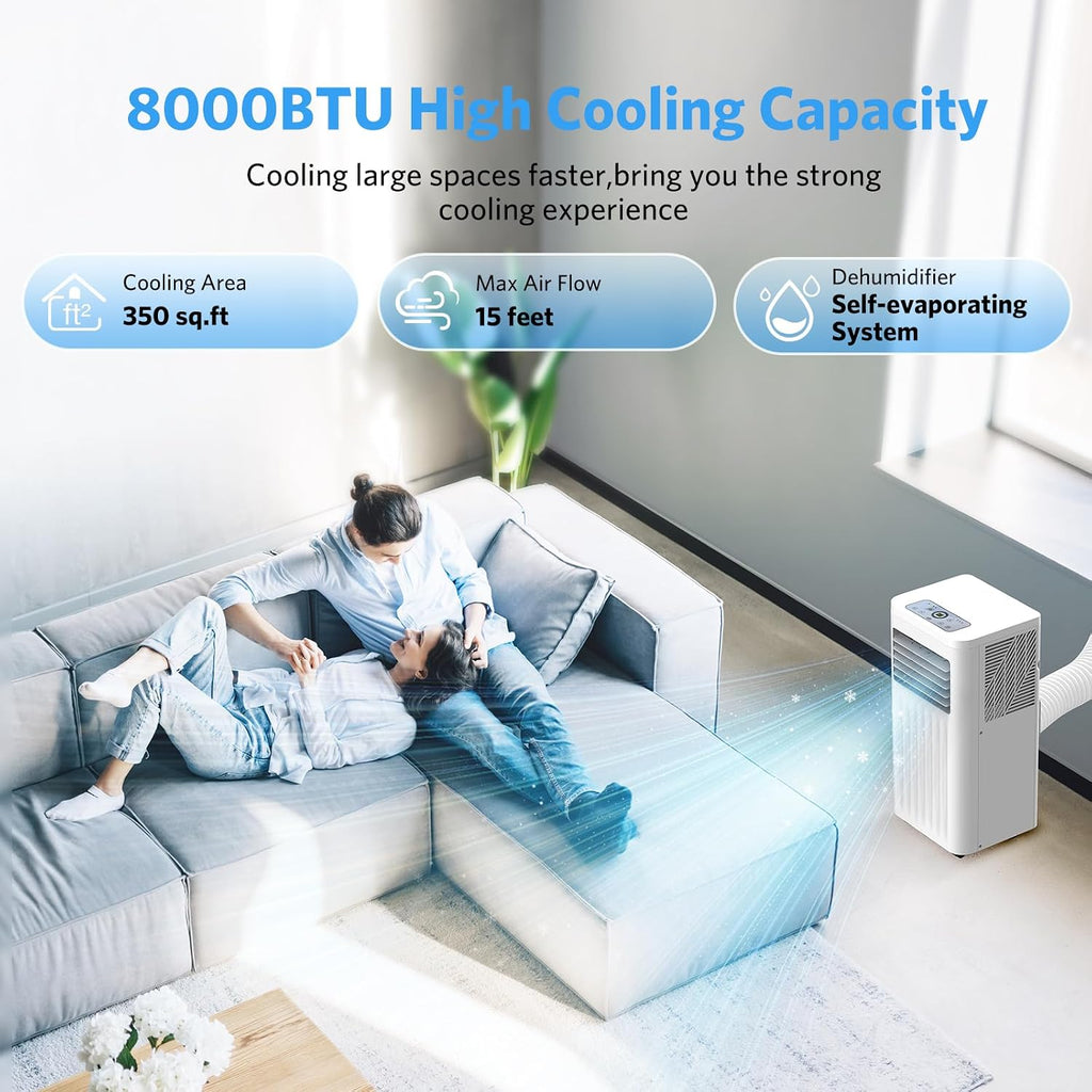 Electactic 8000 BTUs Quiet Portable Ac Unit for Room up 350 Sq.Ft, Portable Air Conditioners with Cooling, Fan, Sleep Mode, Dehumidifier, 24H Timer, Remote Control, Drain Hose