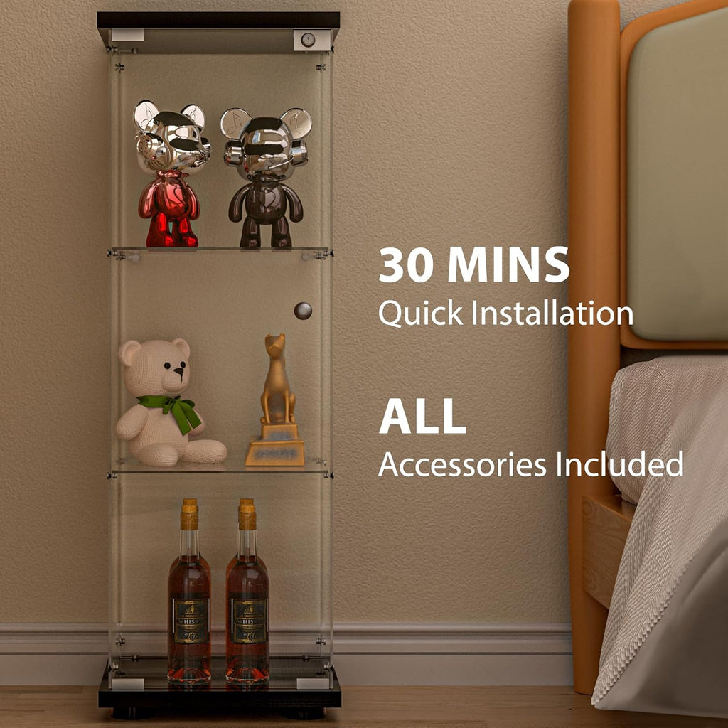 FANYUSHOW 3-Shelf Glass Display Cabinet with Door, Upgraded Quick-Install Style Curio Cabinets 5mm Tempered Glass Floor Standing Bookshelf for Bedroom, Living Room 49.1'x 16.7'x 14.3' Black