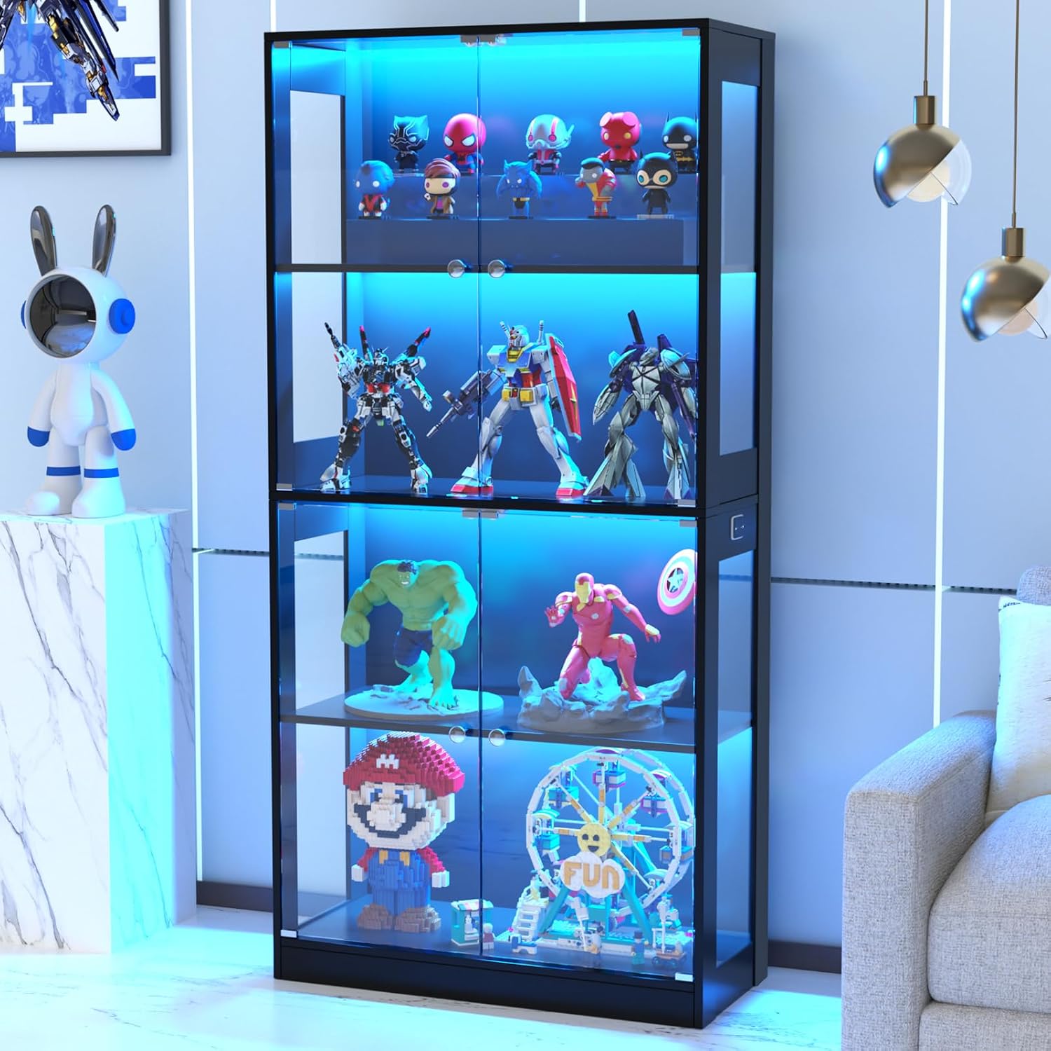 VOWNER 65'' Display Cabinet with Glass Door, 4-Tier Curio Cabinet for Collectibles Trophy, Glass Display Case with Human Body Sensor, 3 Color Lights, Bookcase Storage Cabinets for Living Room, Study