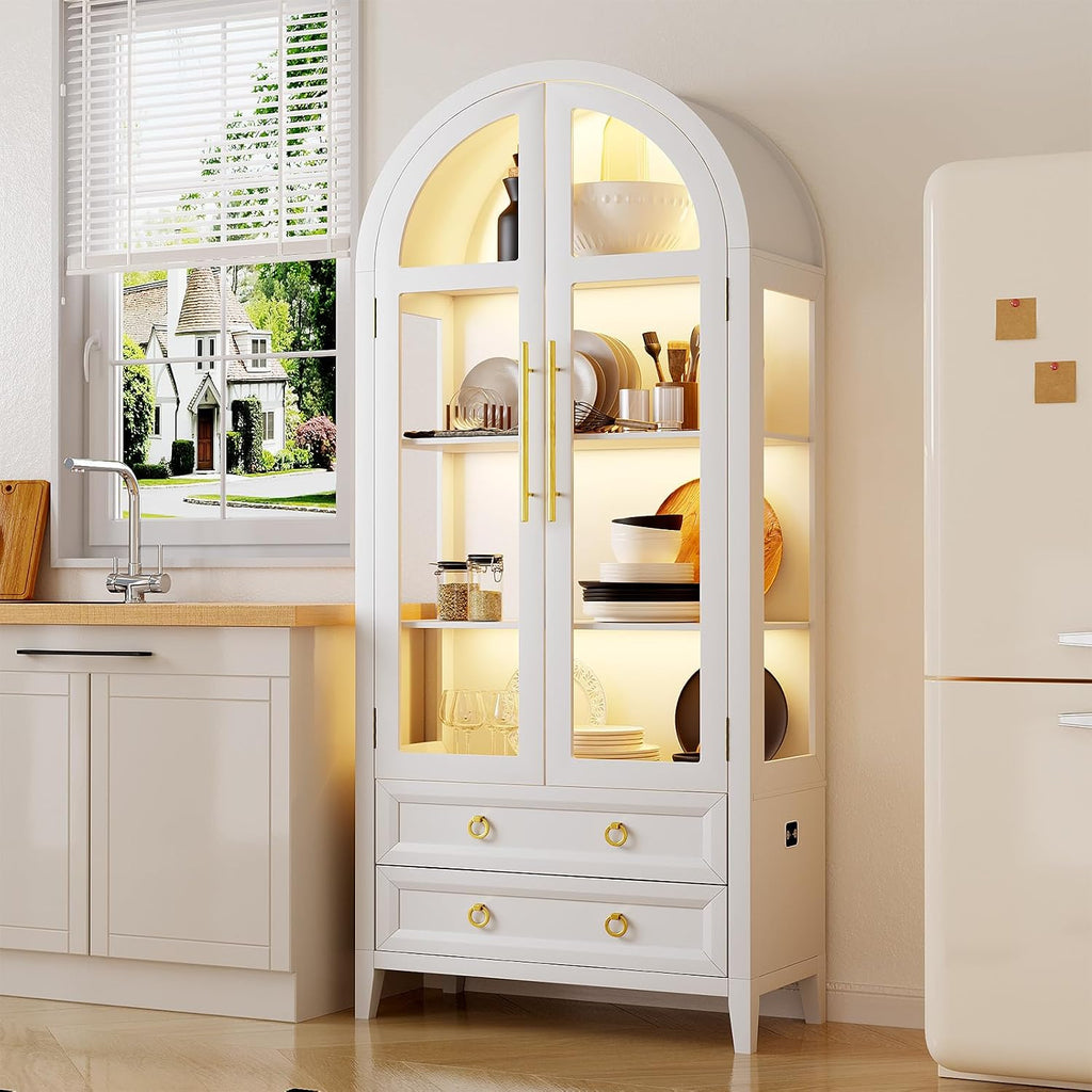 LVSOMT 71' Tall Arched Storage Cabinet with Glass Doors and Drawers, Curio Display Cabinet with Adjustable LED Light & Human Sensor, 4-Tier China Cabinet for Living Room(White)