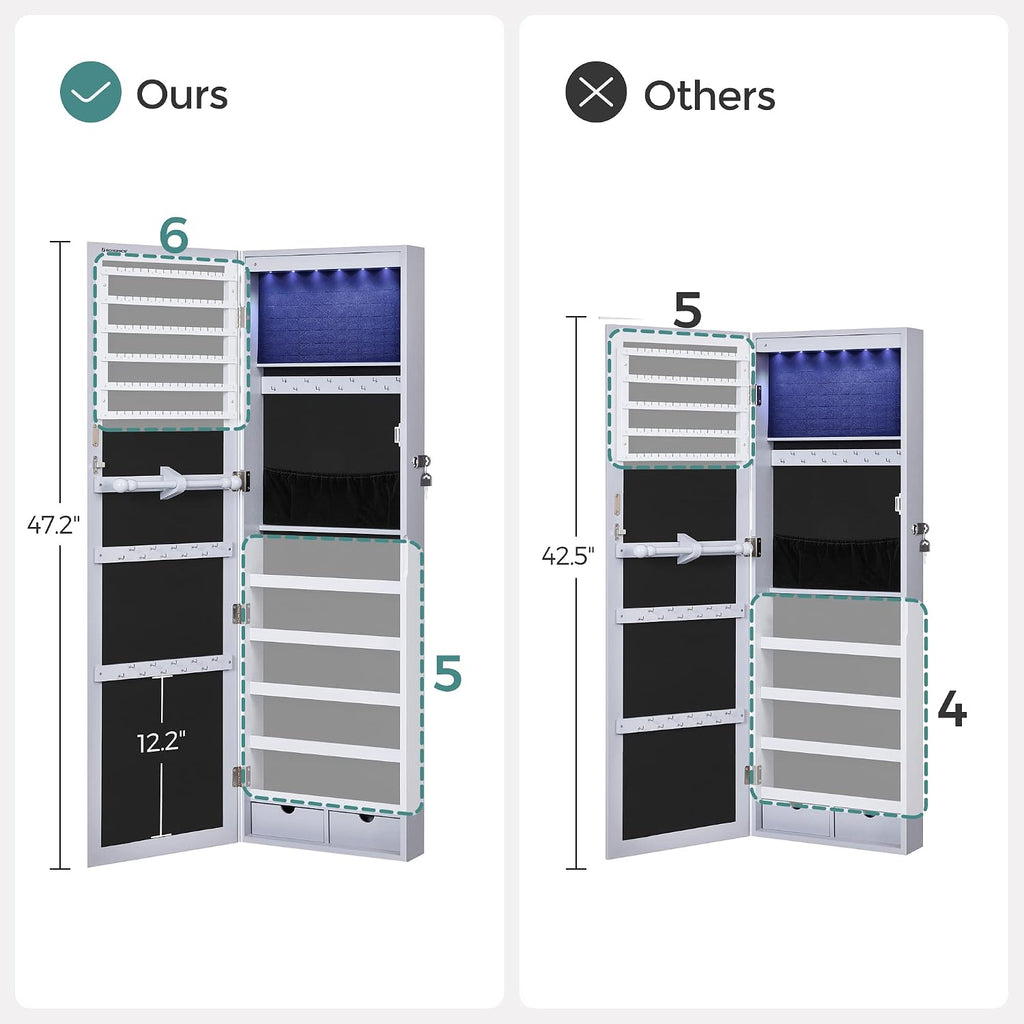 SONGMICS 6 LEDs Mirror Jewelry Cabinet, 47.2-Inch Tall Lockable Wall or Door Mounted Jewelry Armoire Organizer with Mirror, 2 Drawers, 3.9 x 14.6 x 47.2 Inches, Gray UJJC93GY