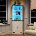 TAGELIER Farmhouse Corner Cabinet with LED Light, 67' Tall Bathroom Cabinet with 2 Doors and 3 Tier Shelves, Free Standing Corner Storage Cabinet for Living Room or Kitchen, White