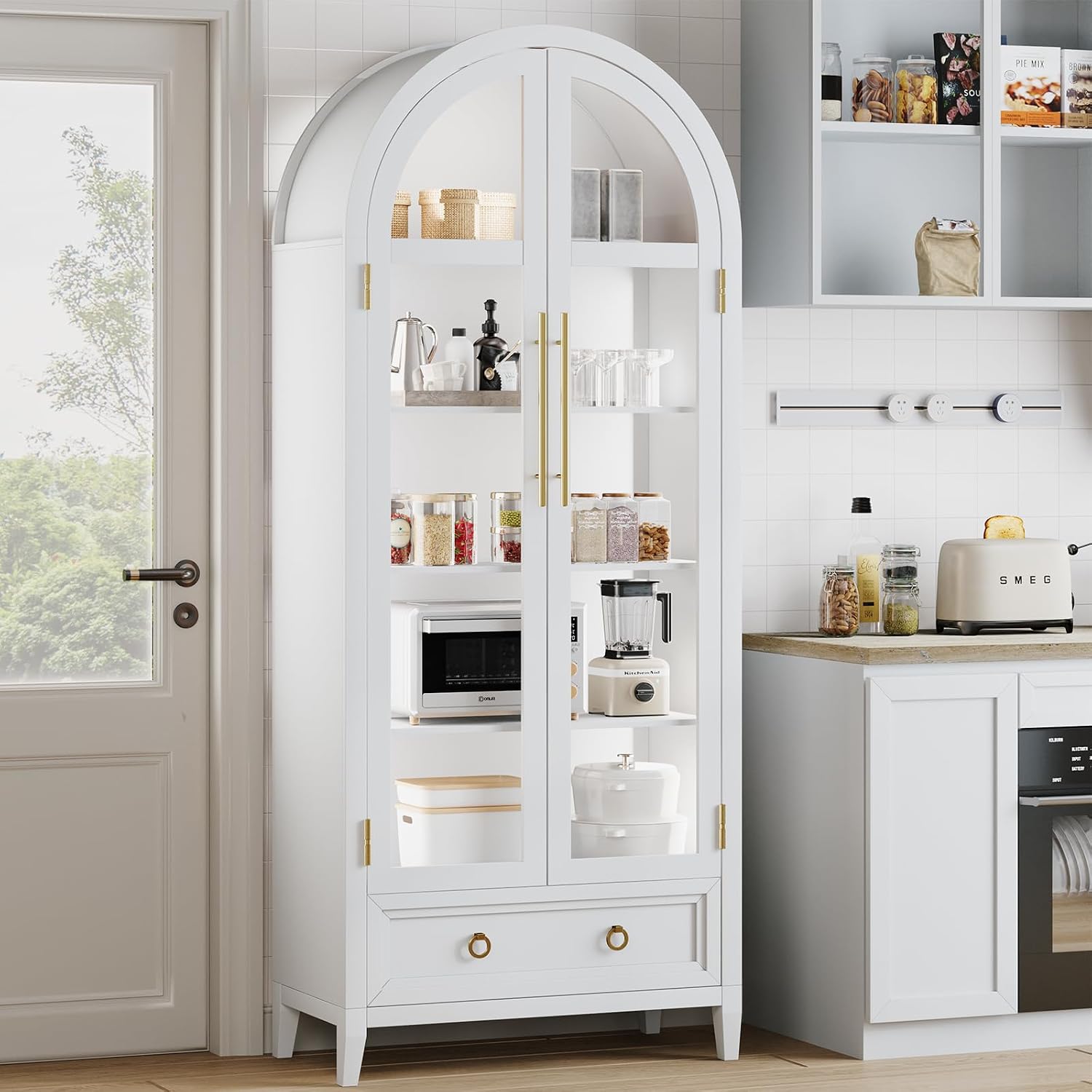 HNEBC Book Shelf with LED Lights, Arched Display Case with Storage Cabinet, Smart File Cabinet with Glass Door, Curio Cabinet with Solid Wood Legs for Home Office/Bedroom Furnniture-White