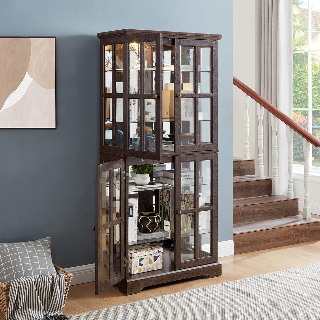 Lighted Glass Curio Cabinet with Lights & Adjustable Shelves,Curio Display Cabinet with Wood Frame & Glass Door,Corner Antique Display Case for Kitchen,Living Room,Office
