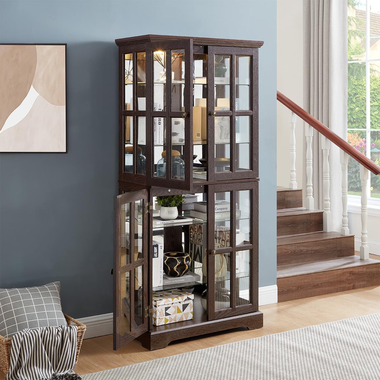 Lighted Glass Curio Cabinet with Lights & Adjustable Shelves,Curio Display Cabinet with Wood Frame & Glass Door,Corner Antique Display Case for Kitchen,Living Room,Office