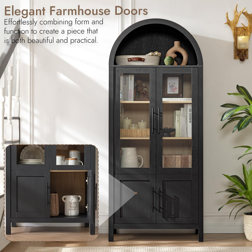71' Tall Arched Display Cabinet, 5-Tier Bookshelf Modern Farmhouse Arched Bookcase with Glass Doors and Shelves, Wooden Pantry Storage Cabinet for Living Room, Office and Kitchen, Black