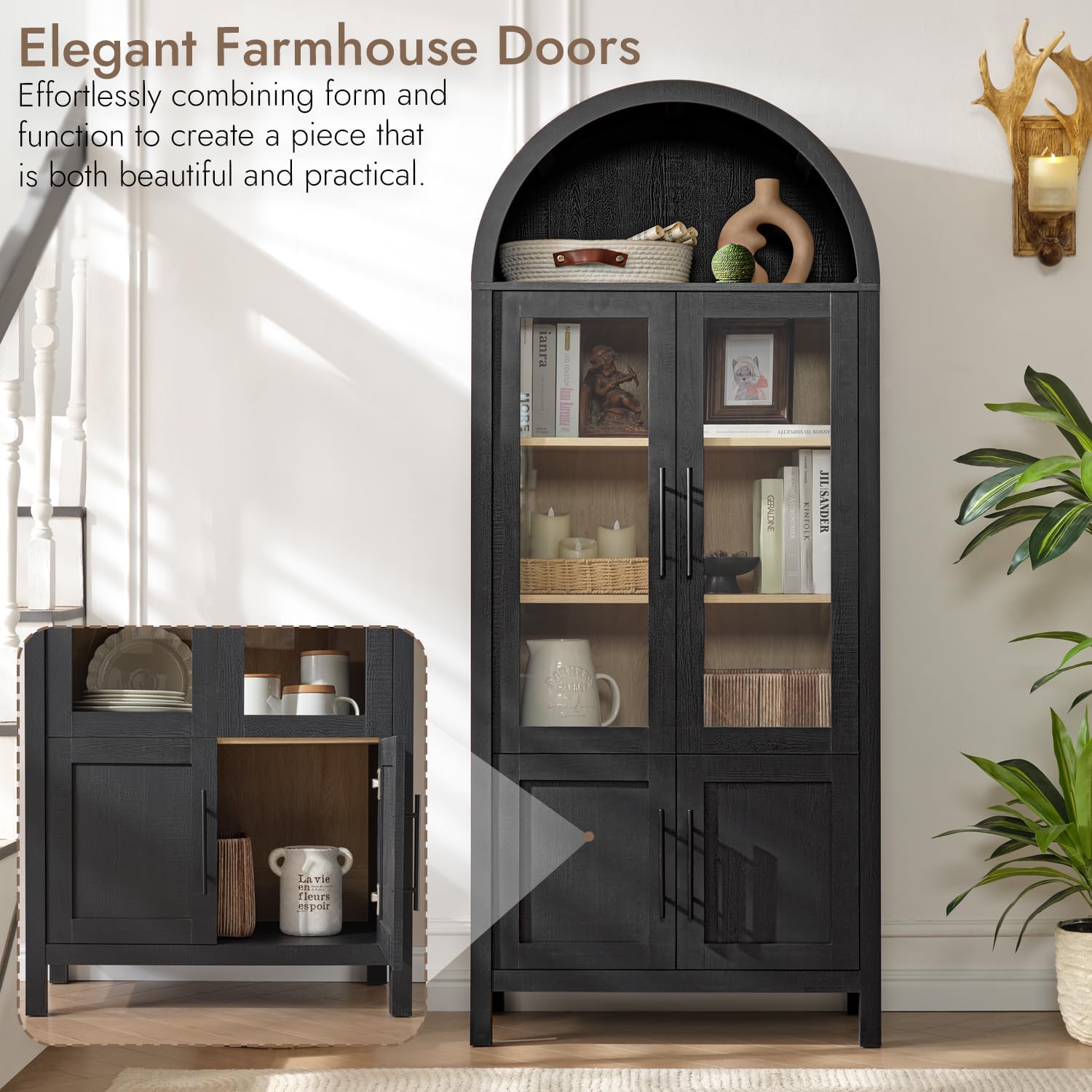 71' Tall Arched Display Cabinet, 5-Tier Bookshelf Modern Farmhouse Arched Bookcase with Glass Doors and Shelves, Wooden Pantry Storage Cabinet for Living Room, Office and Kitchen, Black