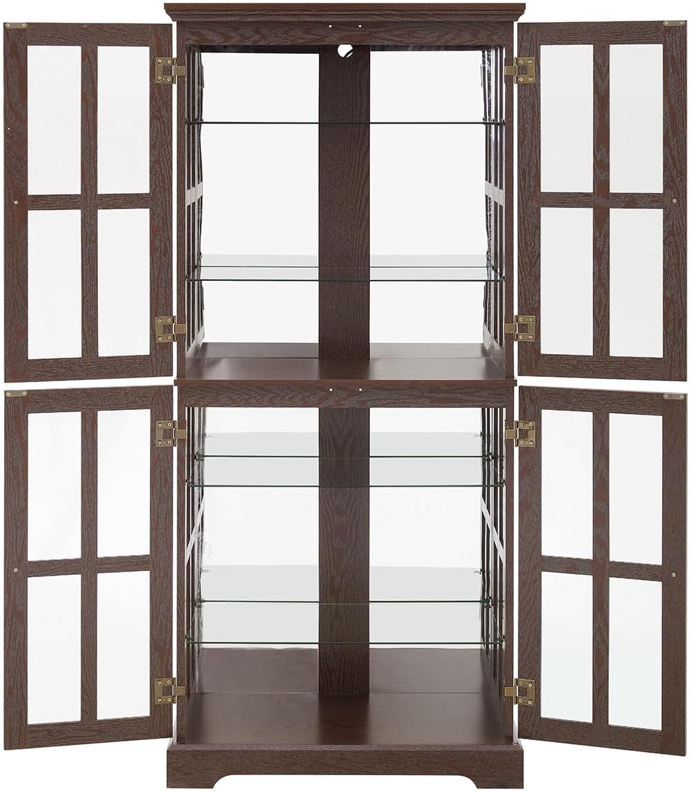 Lighted Glass Curio Cabinet with Lights & Adjustable Shelves,Curio Display Cabinet with Wood Frame & Glass Door,Corner Antique Display Case for Kitchen,Living Room,Office