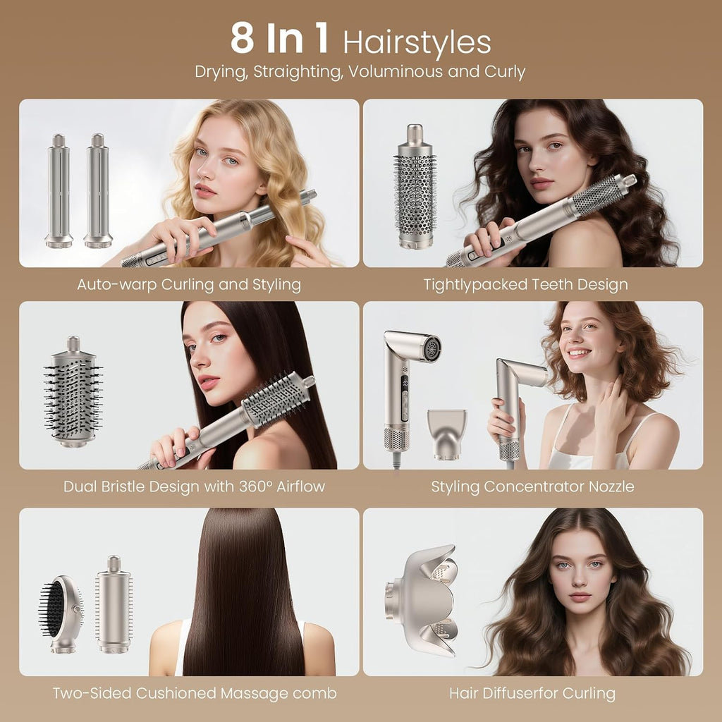 FRANO Hot Air Styler & Blow Dryer Brush 8-in-1, Ionic Hair Styler for Volumizing, Curling, Straightening, Fast Drying with Auto-Wrap Curlers, Frizz-Free & No Heat Damage, Ideal Gift for Women
