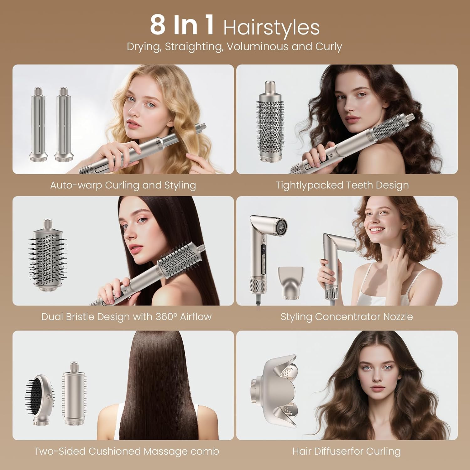 FRANO Hot Air Styler & Blow Dryer Brush 8-in-1, Ionic Hair Styler for Volumizing, Curling, Straightening, Fast Drying with Auto-Wrap Curlers, Frizz-Free & No Heat Damage, Ideal Gift for Women