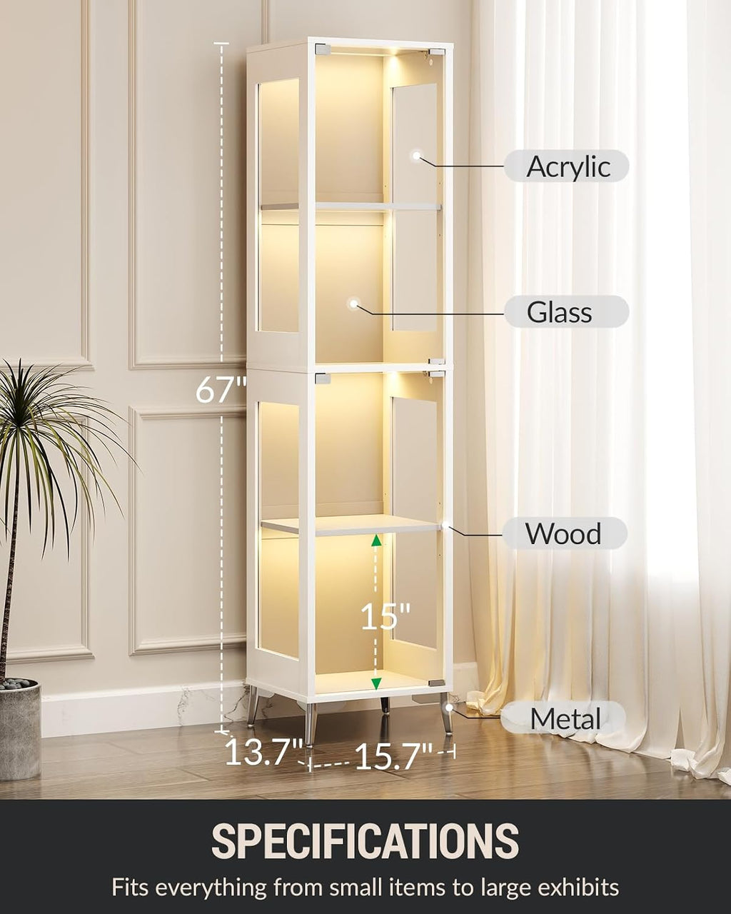 Glass Display Cabinet, 4-Tier Curio Cabinet, Adjustable Shelves, 60,000 Color Lights for Collectibles, Storage Cabinet with Door, Glass Display Case & Bookcase, App & Remote Control, White