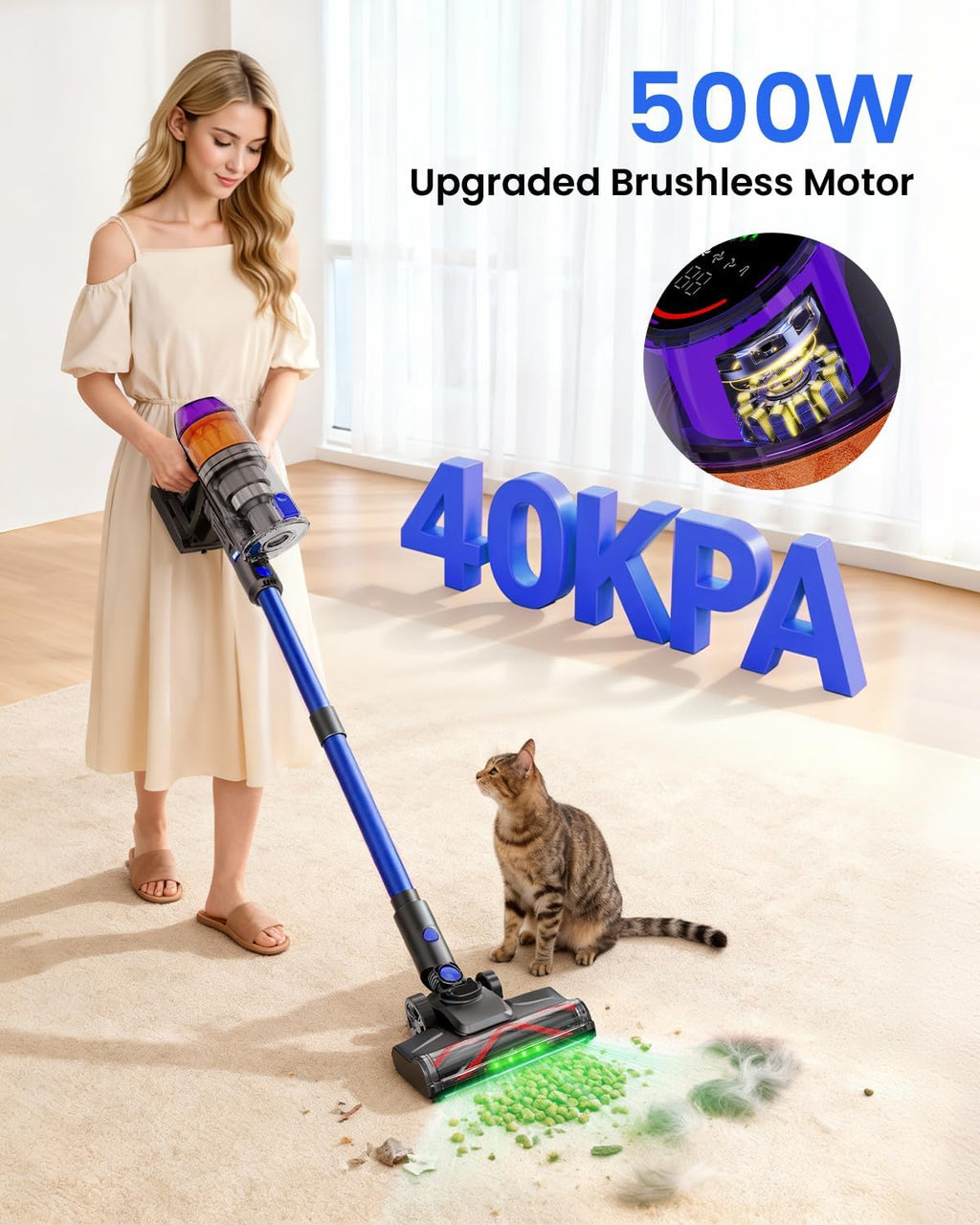 Cordless Vacuum Cleaner,500W 40KPa 60Mins Vacuum Cleaners for Home,Powerful Stick Vacuum With Green Light,Anti-tangle Wireless Vacumm, Rechargeable Vacuum for Pet Hair/Carpet/Hardwood Floor,Blue