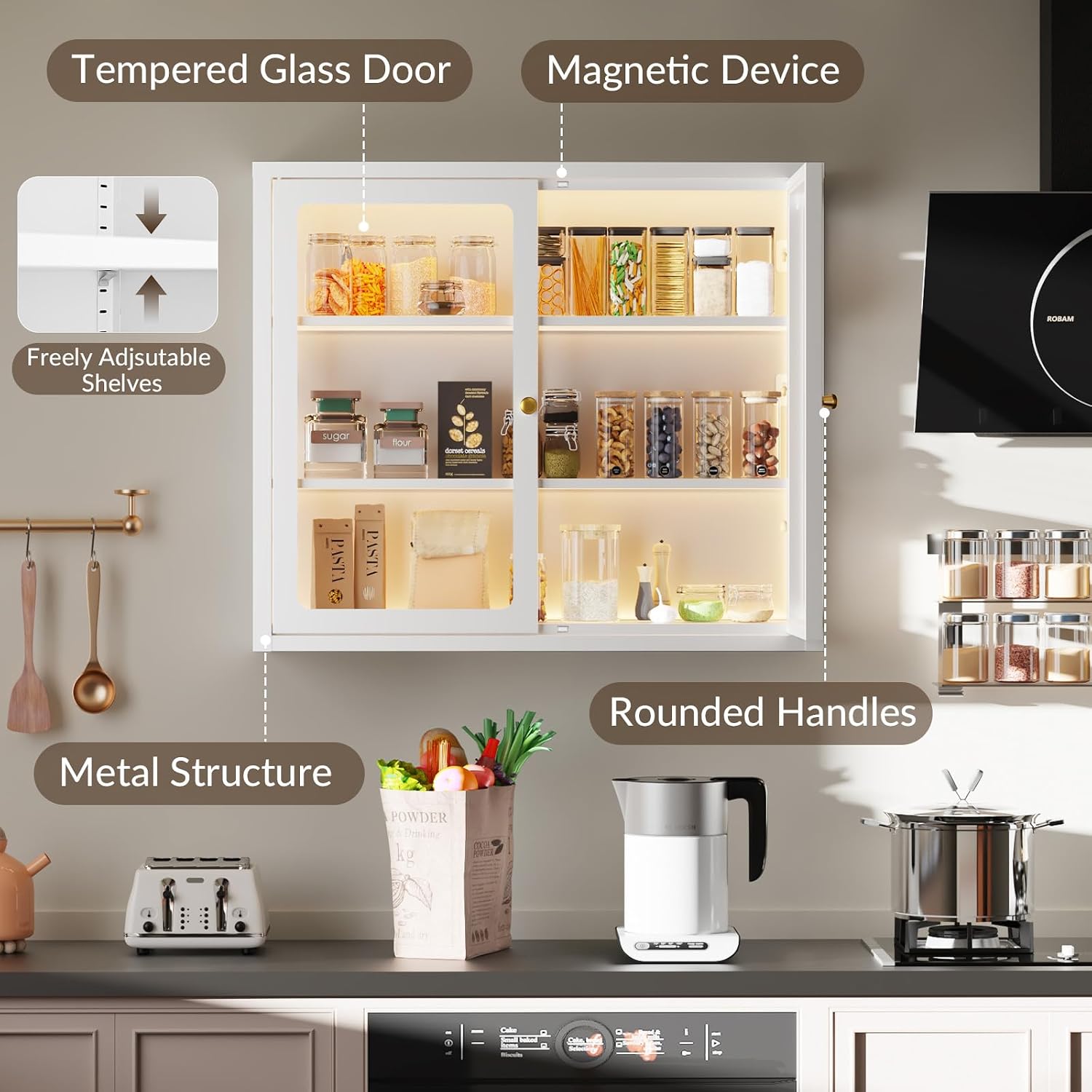 Bathroom Wall Cabinet with 13-Color Light, Wall Mounted 3-Sided Glass Display Cabinet with Adjustable Shelves, Floating Metal Medicine Storage Cabinet for Kitchen Living Room - White
