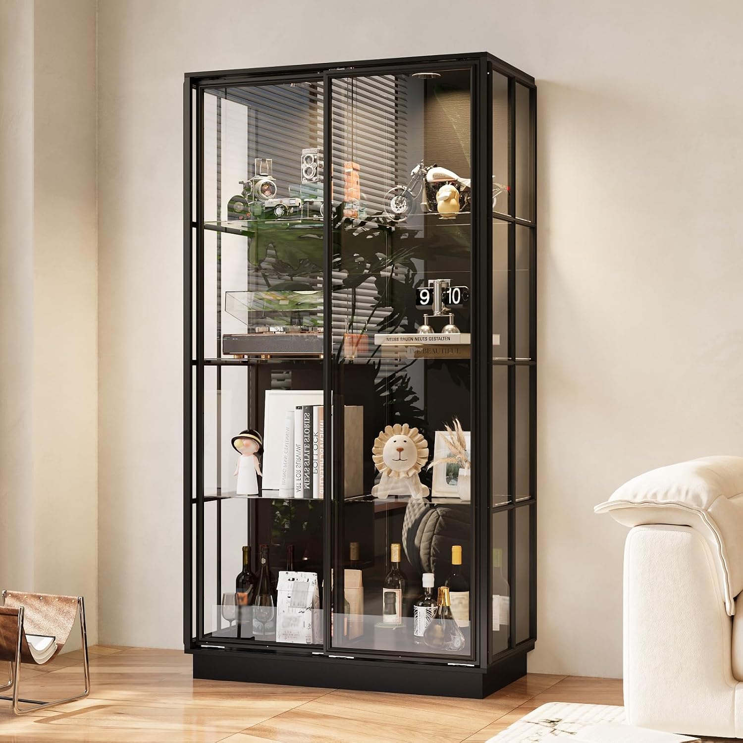 Tall Glass Display Cabinet with Glass Shelving & Sliding Doors, Trophy Case Glass Cabinet with Spotlights Black 39.4'W x 19.7'D x 75.2'H