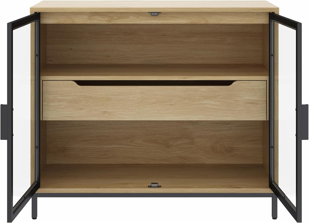 Nathan James Mackenna Metal and Glass Sideboard Accent Cabinet with Two Doors, Oak Credenza for Kitchen or Living Room