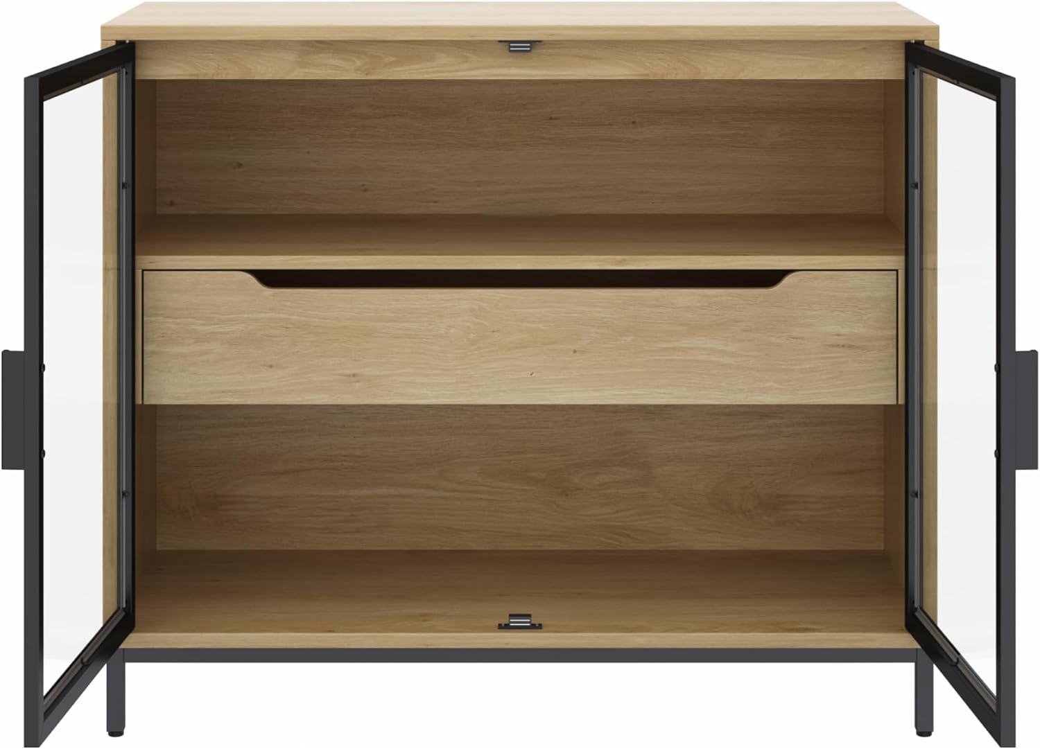 Nathan James Mackenna Metal and Glass Sideboard Accent Cabinet with Two Doors, Oak Credenza for Kitchen or Living Room
