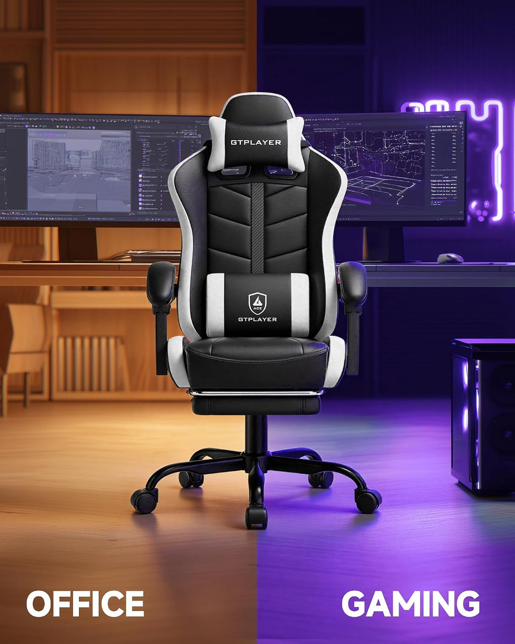 GTPLAYER Gaming Chair, Computer Gaming Chairs for Adults with Footrest, Height Adjustable PC Game Chair with 90-155° Recline & Removable Headrest Lumbar Support, Black-White