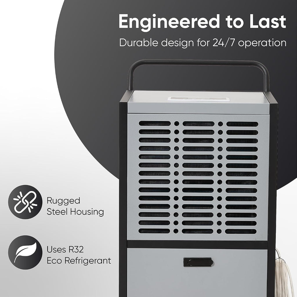 290 Pints Commercial Dehumidifier for Basements & Industrial Spaces – Built-In Pump, Drain Hose, Continuous Operation, 2-Speed Fan, 24000 Sq Ft Coverage