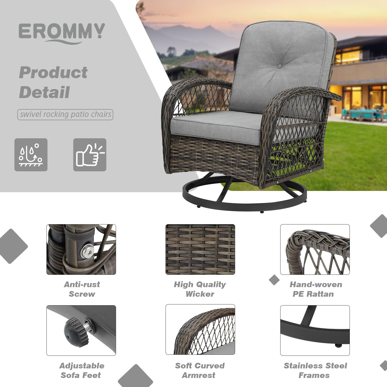 EROMMY 5 Pieces Outdoor Swivel Rocker Patio Chairs, 360 Degree Rocking Patio Conversation Set with Thickened Cushions, Glass Coffee Table and Ottomans for Backyard, Gray