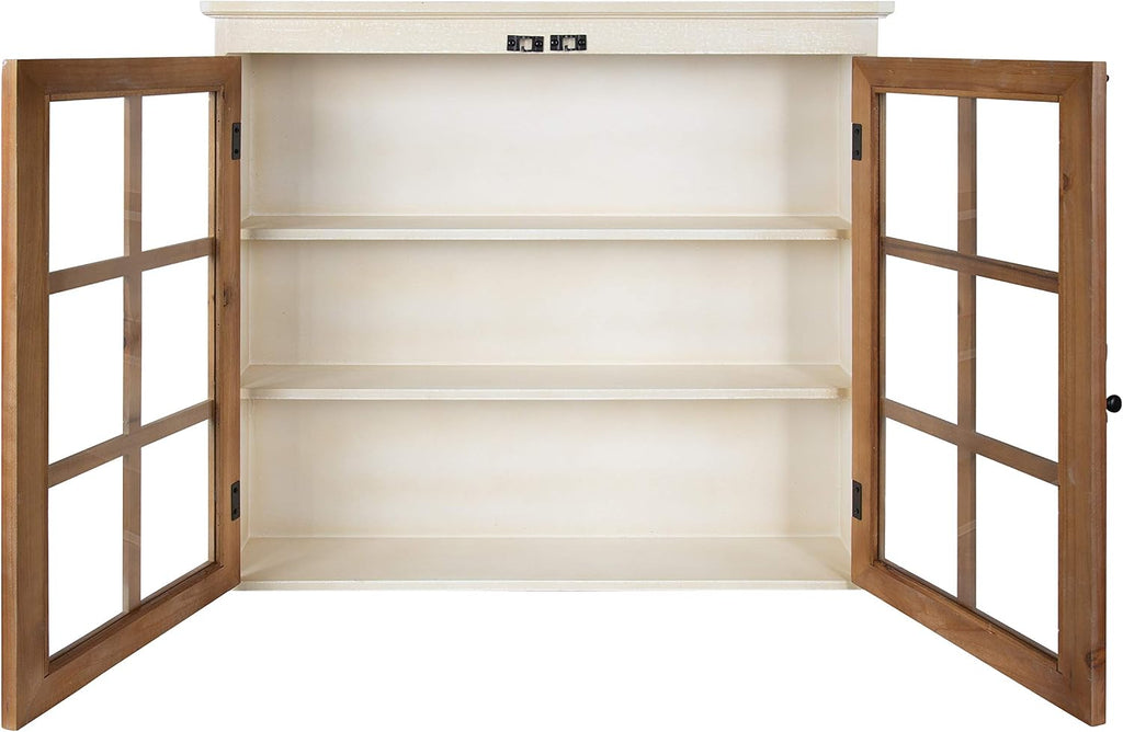 Kate and Laurel Hutchins Decorative Farmhouse Wood Wall Cabinet, 30 x 6.5 x 27.5, White and Brown, Wall Cabinet with Window Pane Glass Door