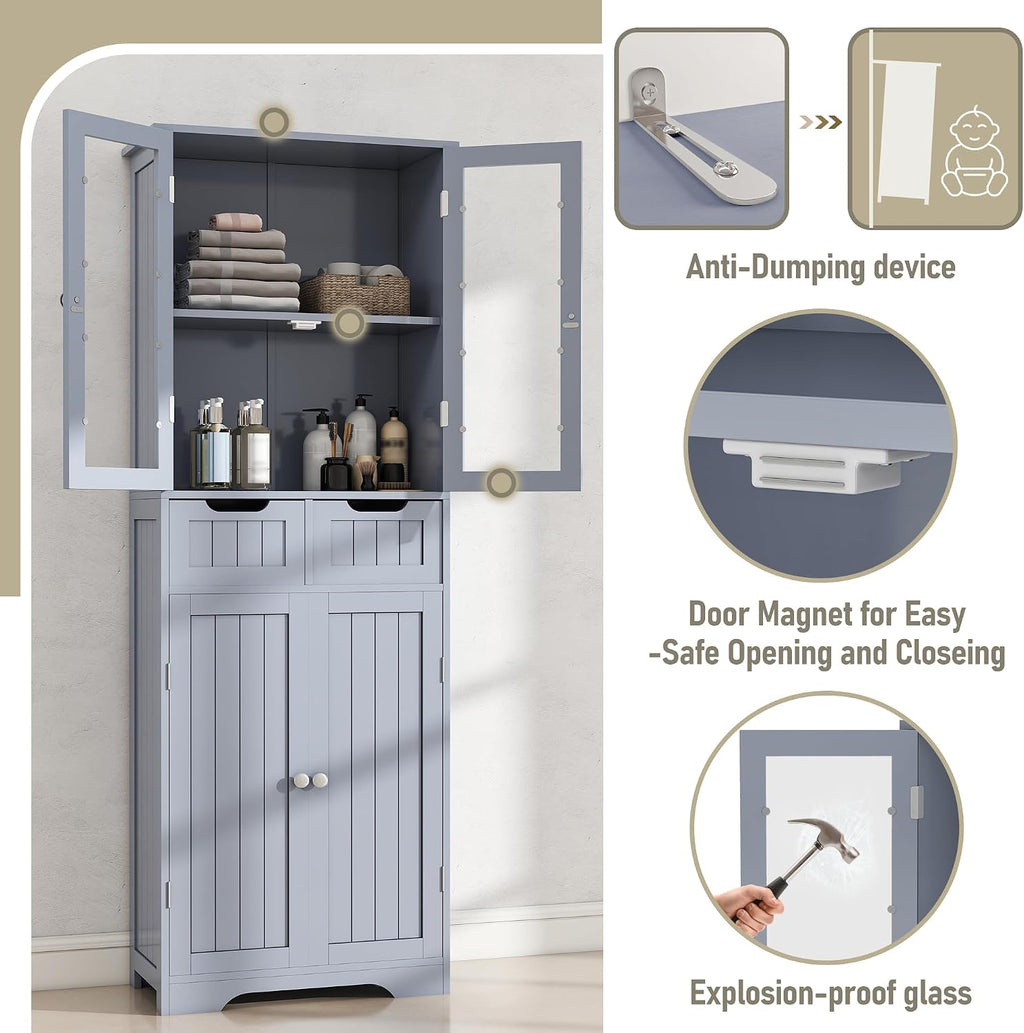 Betterhood 67' Tall Bathroom Storage Cabinet, Freestanding Cabinet with Glass Doors and Shelves, Large Bathroom Pantry with 2 Drawers for Living Room, Kitchen, Dining Room, Office, Gray