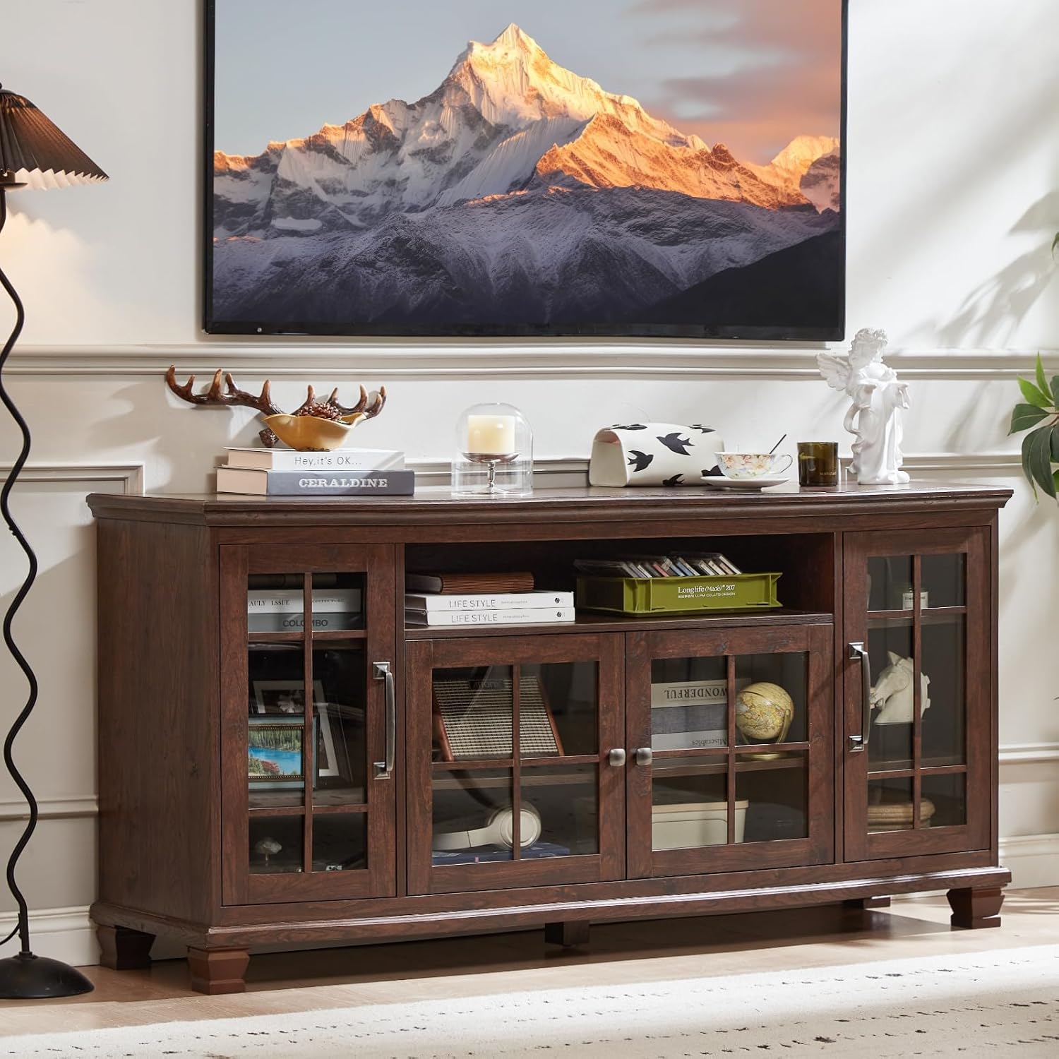 SAVOR LIFE Large Sideboard Buffet Cabinet with Storage, Vintage Walnut Farmhouse 60' Wide Credenza Accent Cabinets with Glass Doors & Wood Legs, Kitchen Coffee Bar Table for Dining Room, Living Room