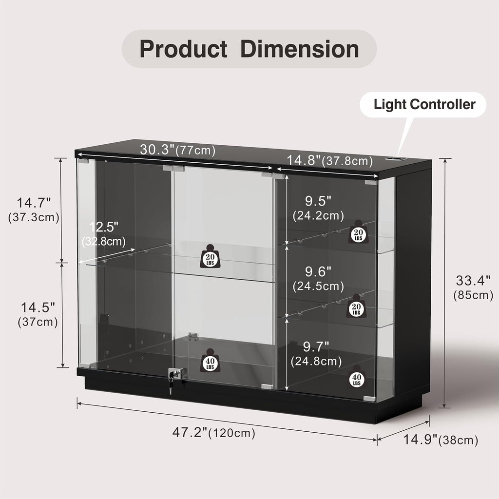 Lvifur High Gloss Display Cabinet - with Lock & LED Light, Curio Cabinet with Human Body Sensor & Glass Shelves for Toys, Books, Collectibles, Liquor, Bookcase for Living Room, Kitchen, Study, Black