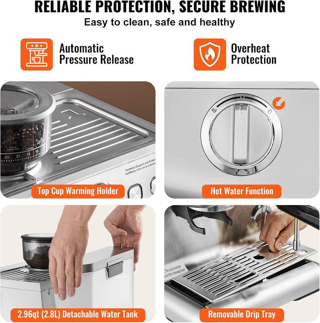 VEVOR Espresso Machine Built-in Grinder, 15 Bar Semi-Automatic Espresso Coffee Maker with Milk Frother Steam Wand, PID Control System for Cappuccino, Latte, Machiato