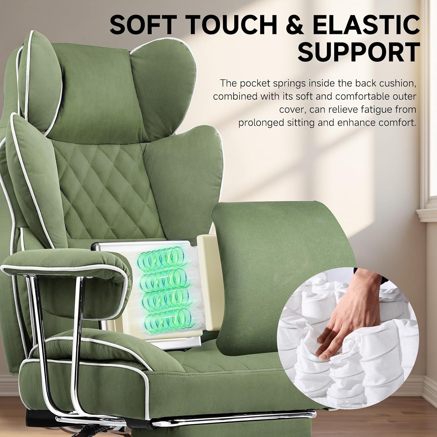 COMHOMA Big and Tall Gaming Chair with Pocket Spring Lumbar Support, Ergonomic Office Chair with Footrest, Executive Desk Chair with Outward Fixed Soft Armrests, Computer Chair with High Back, Green
