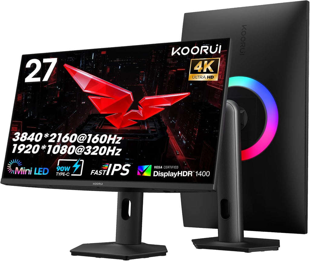 KOORUI 27' 4K QD-Mini LED Gaming Monitor - Dual-Mode (UHD 160Hz or FHD 320Hz), 1ms, 99% Adobe RGB, HDR1400, 90W USB-C, HDMI 2.1/DP1.4, VESA, Tilt Height Swivel Vertical Adjustment, Black, S2741LM