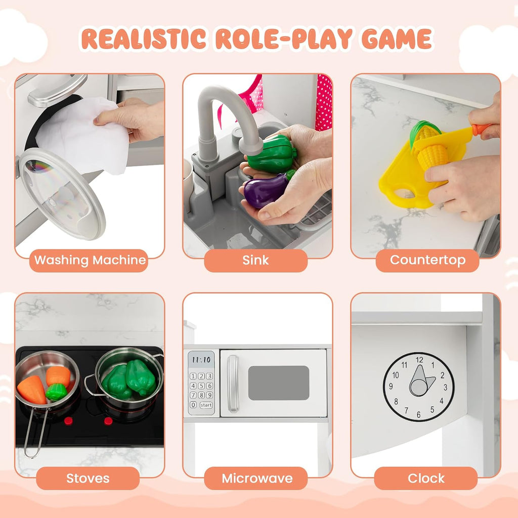 INFANS Kids Kitchen Playset with Real Running Water, Ultimate Wooden Corner Pretend Cooking Set with Simulation Light Sound Stove Storage Cabinet, Play Toy Gift