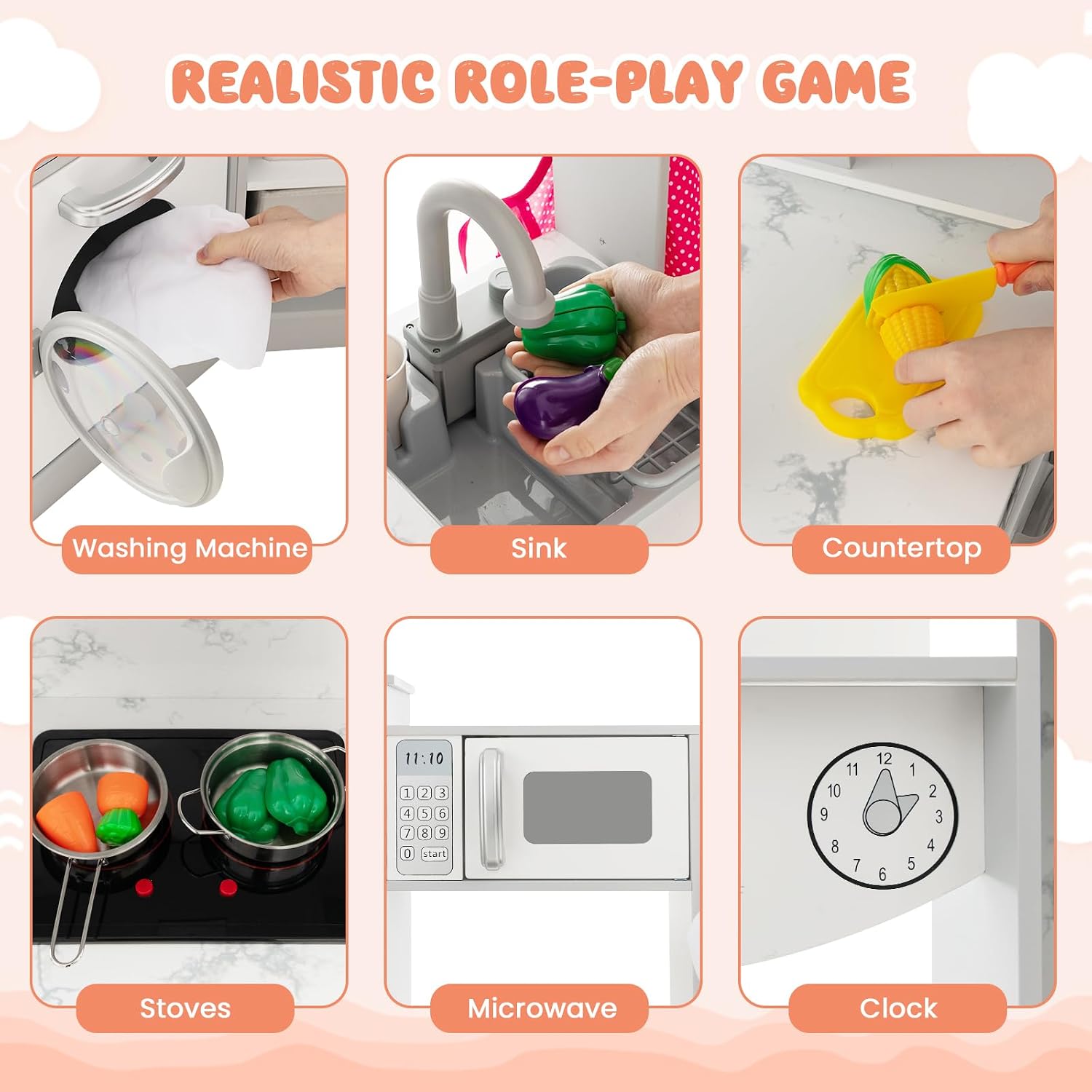 INFANS Kids Kitchen Playset with Real Running Water, Ultimate Wooden Corner Pretend Cooking Set with Simulation Light Sound Stove Storage Cabinet, Play Toy Gift