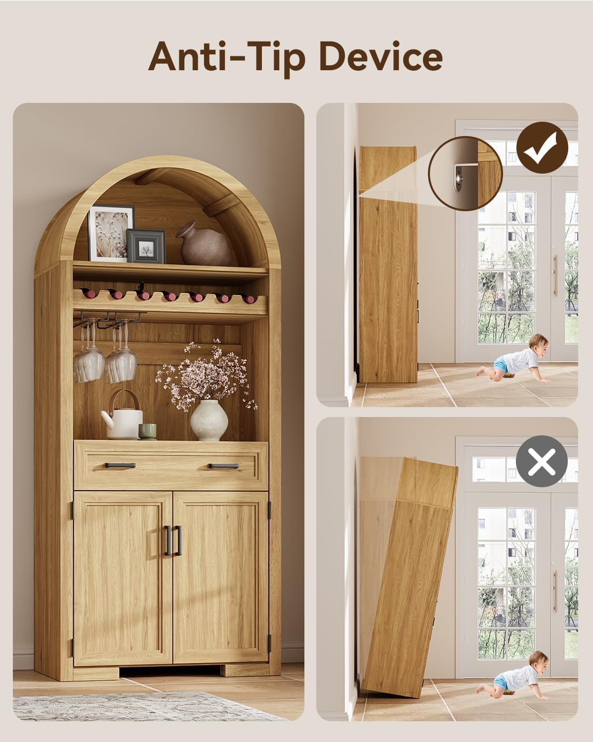 72' Tall Arched Kitchen Pantry, Modern Wood Kitchen Storage Cabinets with Large Drawer, 4 Door Shelves, Adjustable Shelves, and Wine Racks, Versatile Cupboard for Dining Room, Natrual Oak