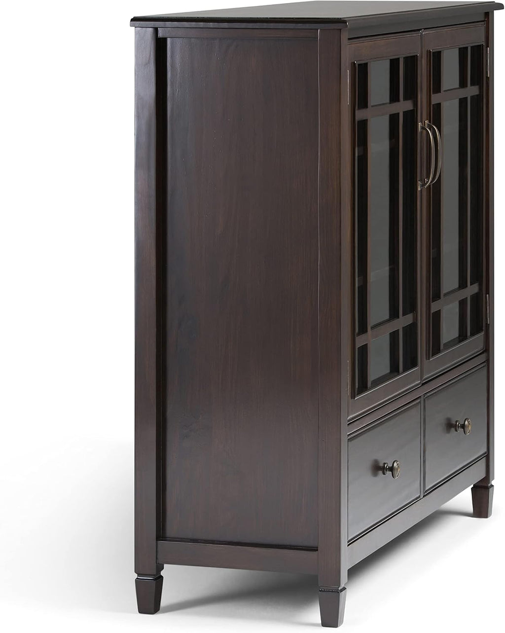 SIMPLIHOME Connaught Storage Cabinet - 46 inch Wide Solid Wood Tall Cabinet in Dark Chestnut Brown, Traditional Console for Living Room or Dining Room with Glass Doors, Adjustable Shelves, and Drawers