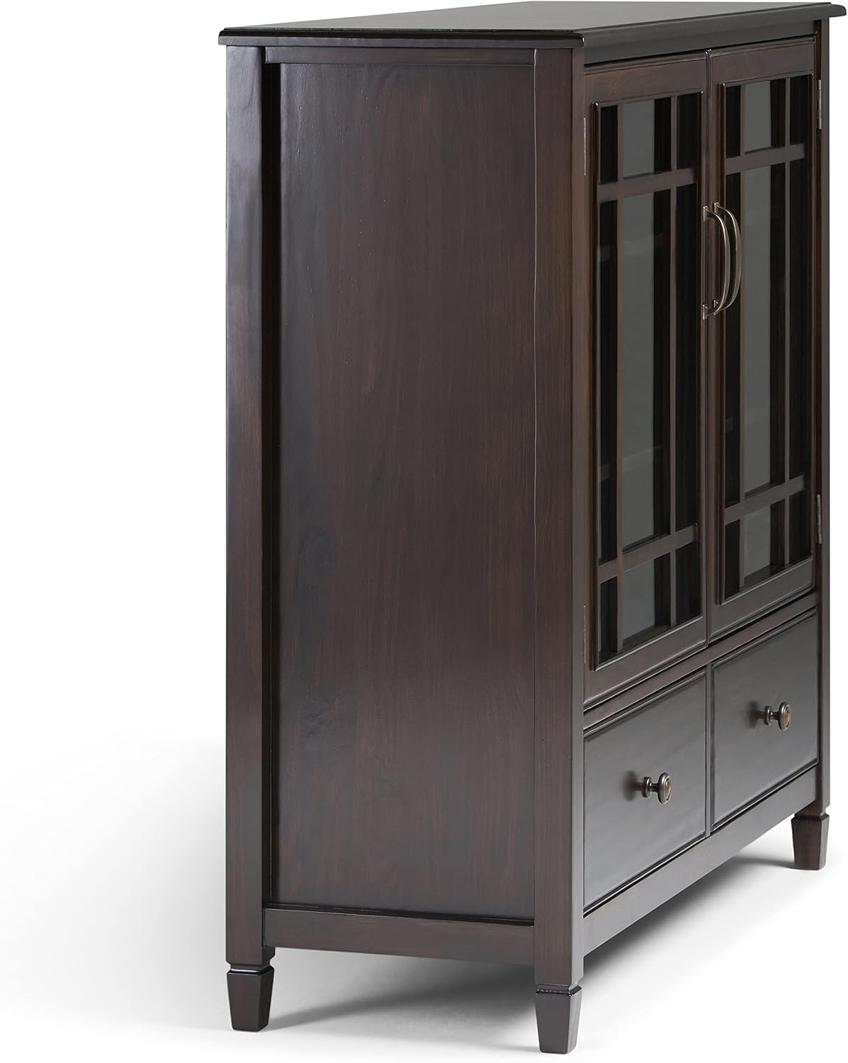 SIMPLIHOME Connaught Storage Cabinet - 46 inch Wide Solid Wood Tall Cabinet in Dark Chestnut Brown, Traditional Console for Living Room or Dining Room with Glass Doors, Adjustable Shelves, and Drawers