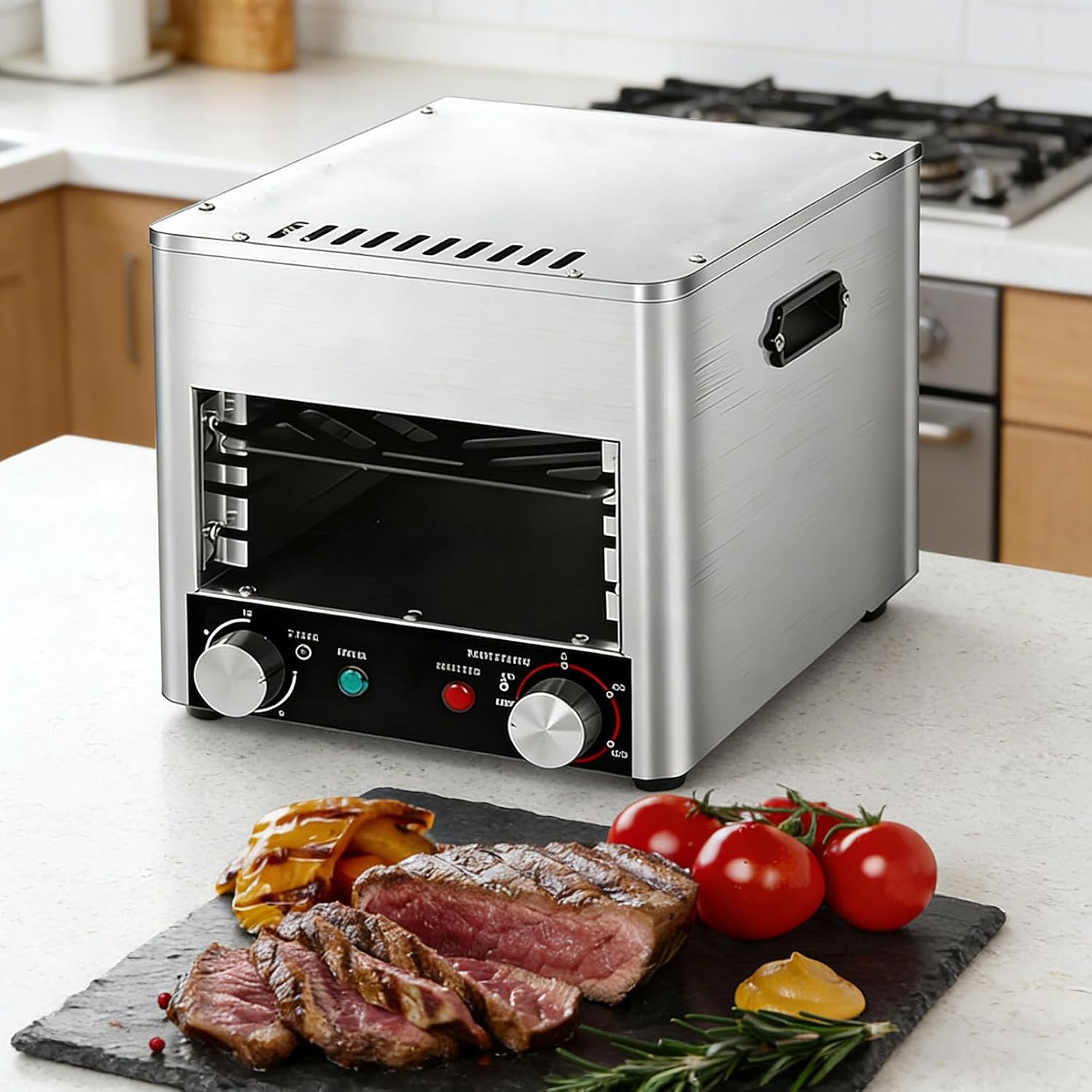 Smokeless Electric Broiler for Indoor Use, 800°C High-Heat Steak Grill with Adjustable 4/8-Tier Rack, Ceramic Heating, Timer & Temp Control, for Steak Chicken Vegetables A