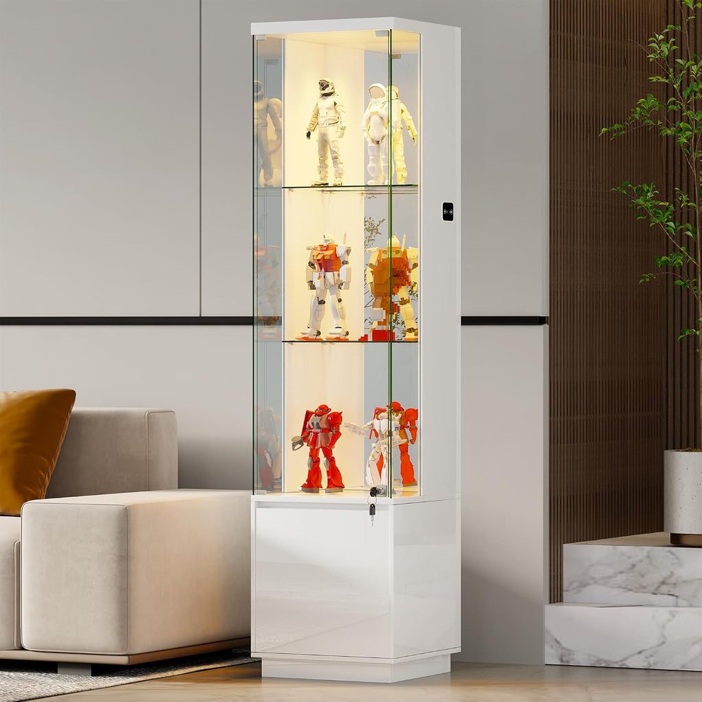 HNEBC Corner Glass Display Cabinet with Lockable&3 Color Lights for Living Room White, Curio Cabinet with Adjustable Glass Shelf for Liquor Figurine Bookcase for Living Room