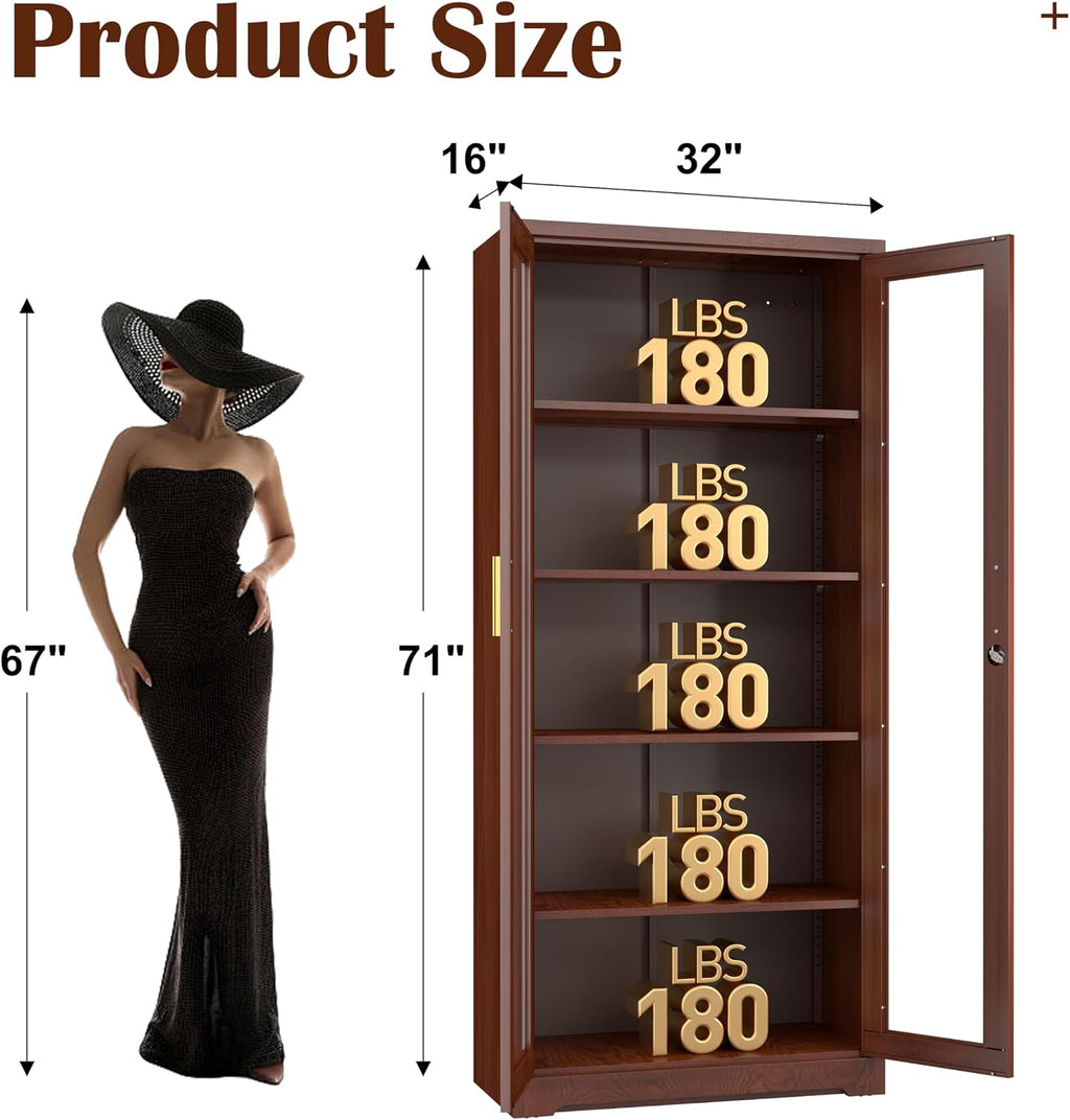 SteeLoong 71' Glass Display Cabinet with Lock,Curio Cabinet with Glass Doors, Metal Display Case with 4 Adjustable Shelves, Brown Bookcase Locking Storage Cabinets for,Liquor,Commercial
