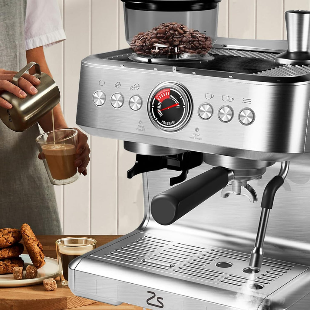 GlowSol Espresso Machine with Bean Grinder, Semi Automatic Espresso Machine, 20-Bar Espresso Maker with Milk Frother Steam Wand 2.8L Water Tank, Home Espresso Coffee Maker for Latte, Cappuccino