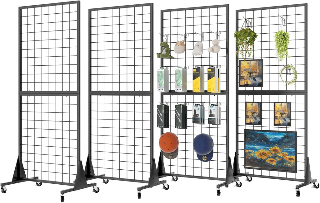 2' x 5.5' Grid Wall Panels Standing Wire Grid, Study Display Rack with T-Base Wheels Freestanding Gridwall Panel Tower for Shows, Black (4) (4)