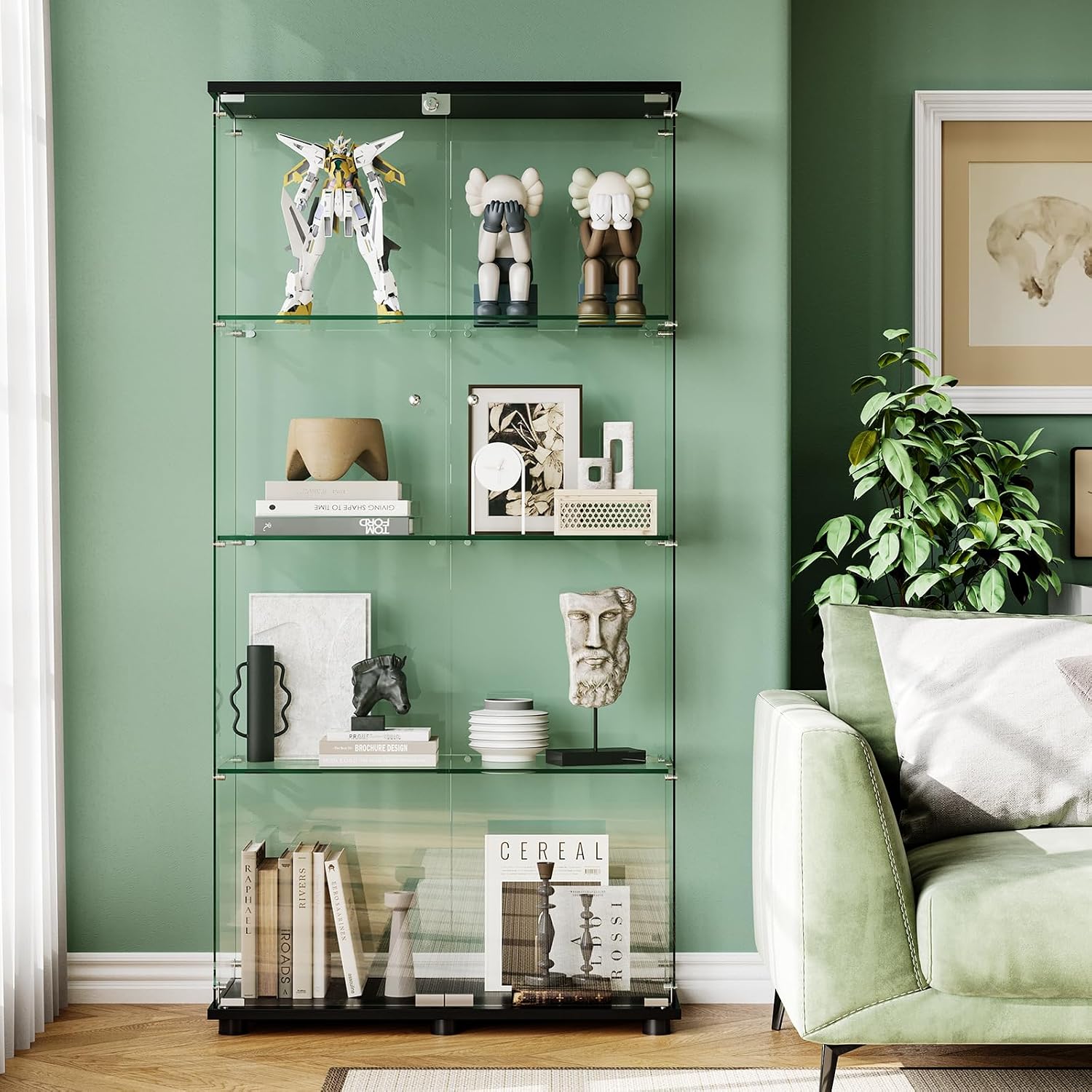 Glass Display Cabinet with 4-Shelf Double Doors and Lock, 5mm Tempered Glass Floor Standing Bookshelf for Living Room, Bedroom, Office, 64 x 31.7 x 14.3 in, Black