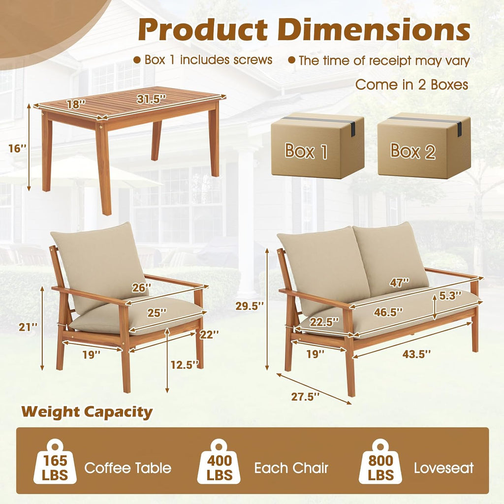 Tangkula 4 Pieces Patio Furniture Set, Outdoor Acacia Wood Conversation Set with Soft Cushions and Coffee Table, Outdoor Sectional Sofa Set for Lawn, Garden, Backyard and Poolside (1, Natural)